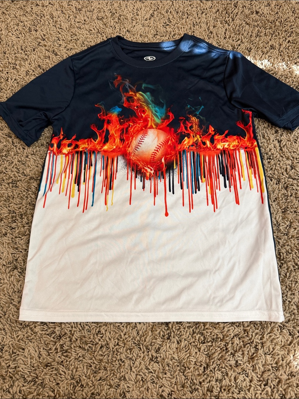 Athletic Works navy White Tee with Flaming Baseball and Paint Drip